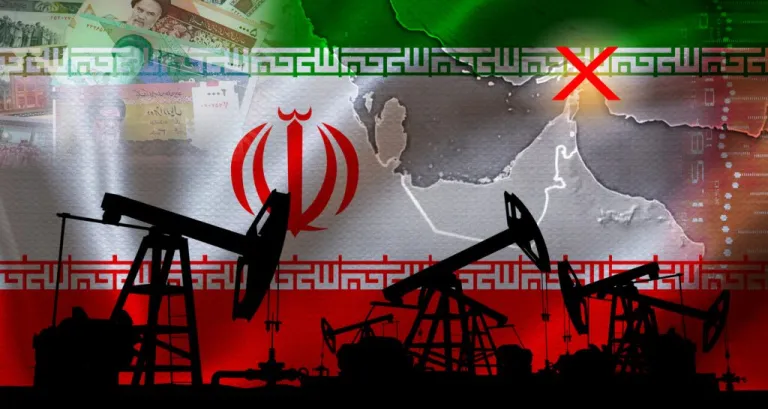 Image with the Iran flag with oil supply equipment showing the inflation caused by the Strait of Hormuz's closure. (Getty Images)