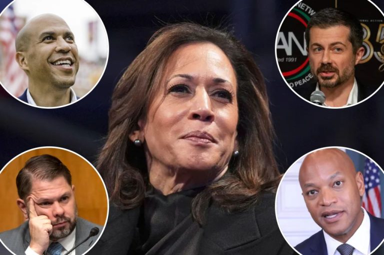 Collage of former Vice President Kamala Harris surrounded by Sen. Cory Booker (D-NJ), former Secretary of Transportation Pete Buttigieg, Gov. Wes Moore (D-MD), and Sen. Rueben Gallego (D-AZ). (AP Photos)