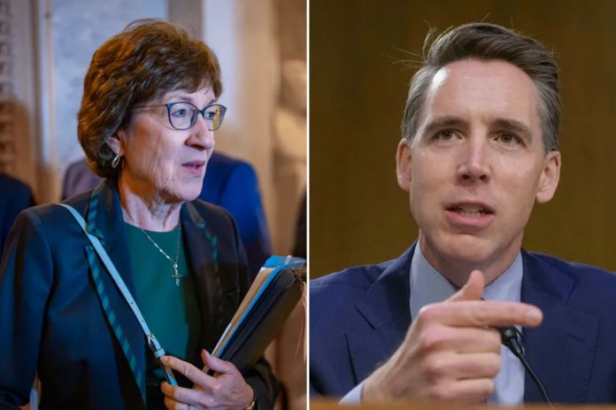 From l-r: Sens. Susan Collins (R-ME) and Josh Hawley (R-MO). (AP Photos/J. Scott Applewhite/Rod Lamkey, Jr.)