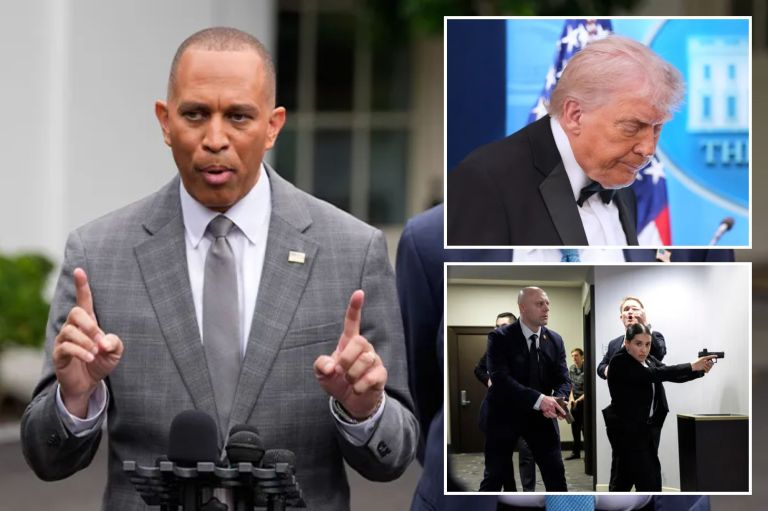 A collage of Jeffries, Trump, and Secret Service responding to the WHCA shooting.