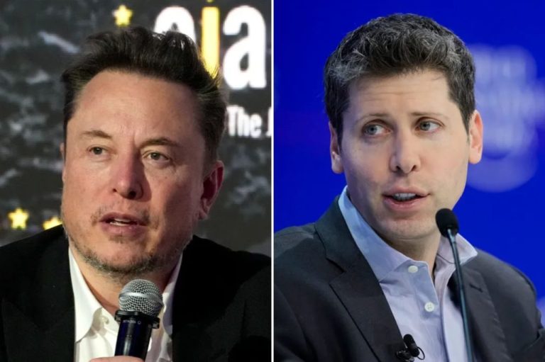 Elon Musk and Sam Altman, who are battling each other in court, sit by side-by-side in a photo collage.
