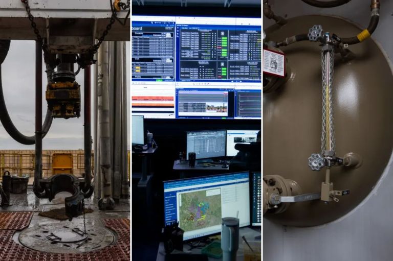 Collage of images at oil and gas drilling sites.
