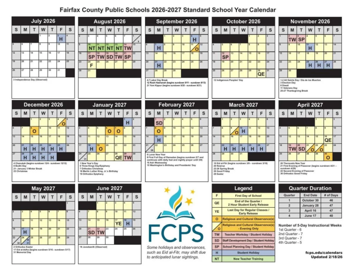 Fairfax County Public Schools proposed 2026-27 school calendar
