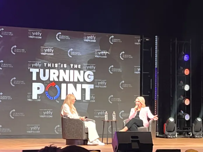 Erika Kirk and Karoline Leavitt speak at Turning Point USA's spring college tour kickoff at George Washington University on April 2, 2026. (Washington Examiner/Britta Miller)