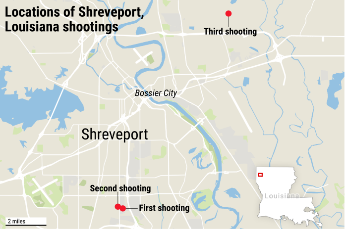 Map of the locations of Shreveport shootings