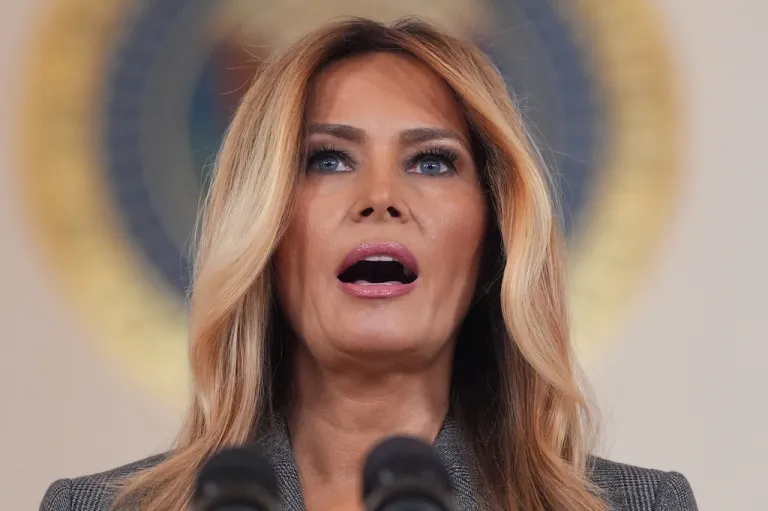 First lady Melania Trump speaks to reporters Thursday, April 9, 2026, in the Grand Foyer of the White House in Washington.