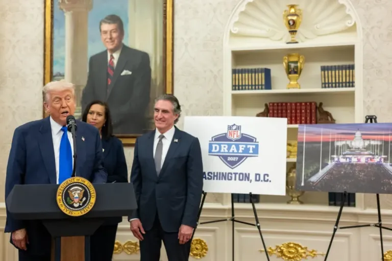 NFL Commissioner Roger Goodell presents a mockup of the 2027 NFL Draft stage on the National Mall in Washington, D.C. to President Donald Trump, Mayor Muriel Bowser, and Washington Commanders owner Josh Harris.