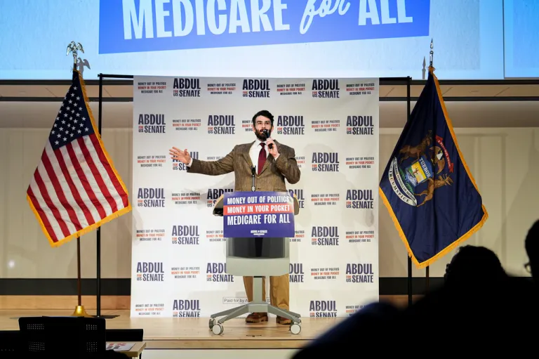 Streamer Hasan Piker speaks at a campaign event for Abdul El-Sayed, a progressive candidate in the Democratic primary for Senate.