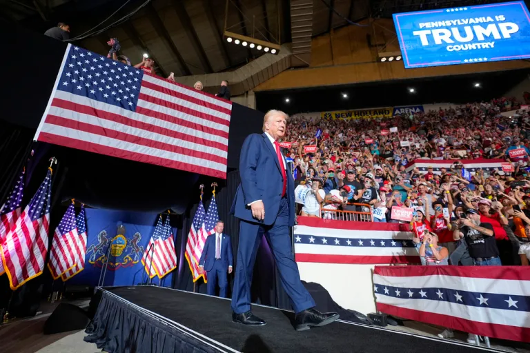 Republican presidential candidate former President Donald Trump arrives to speak at a campaign rally, July 31, 2024, in Harrisburg, Pa.