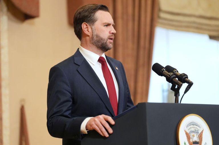 JD Vance speaks during a news conference.