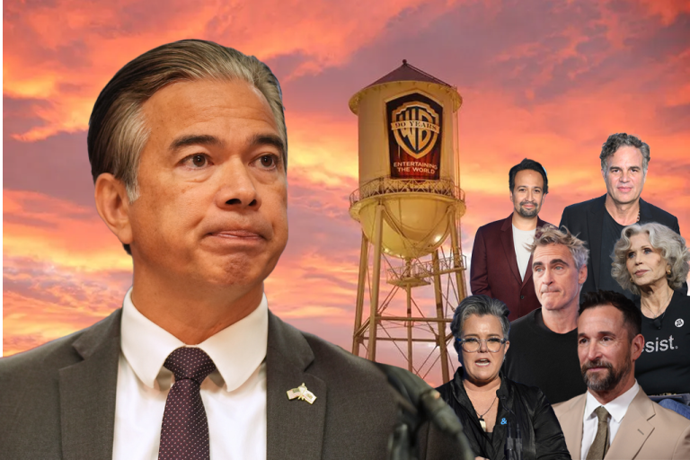 Collage of Rob Bonta, Rosie O'donnell, Joaquin Phoenix, Noah Wyle, Jane Fonda, Lin-Manuel Miranda, Mark Ruffalo, with the Warner Brothers water tower in the background.