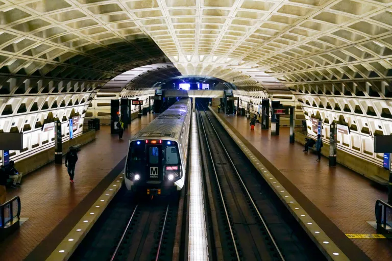A train arrives at Metro Center station in Washington, D.C., April 23, 2021. (AP Photo/Patrick Semansky)