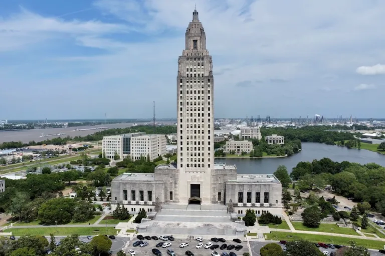 The Louisiana state Capitol stands prominently, April 4, 2023, in Baton Rouge, La.