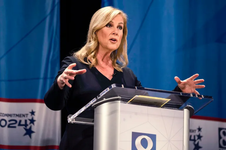Janelle Stelson, a candidate for the Democratic nomination in Pennsylvania's 10th Congressional District, speaks during a debate on April 9, 2024.