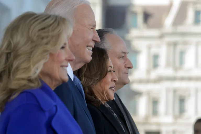 From left, first lady Jill Biden, President Joe Biden, Vice President Kamala Harris and second gentleman Doug Emhoff stand on the North Portico of the White House in Washington, Monday, Jan. 20, 2025. (AP Photo/Rod Lamkey, Jr.)