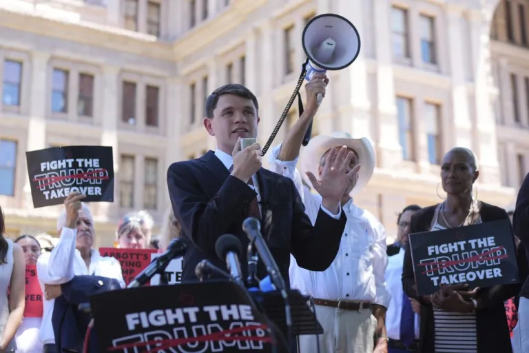 Texas state Rep. James Talarico speaks during a rally to protest against redistricting hearings at the Texas Capitol, Thursday, July 24, 2025, in Austin, Texas. (AP Photo/Eric Gay)