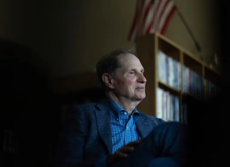 Sen. Ron Wyden, D-Ore., speaks during an interview with the Associated Press after he held a town hall meeting Friday, July 25, 2025, in Wasco, Ore. (AP Photo/Jenny Kane)
