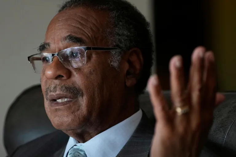 Rep. Emanuel Cleaver II, D-Mo., talks about the Missouri legislature's effort to divide his district among three districts in an effort to flip his seat to Republican, at St. James Church Sunday, Sept. 7, 2025, in Kansas City, Mo. (AP Photo/Charlie Riedel)