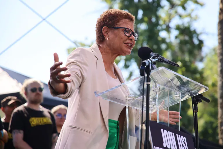 Mayor Karen Bass speaks during an immigration rally on Saturday, Sept. 20, 2025, in Los Angeles.