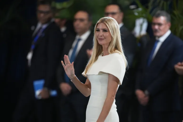 President Donald Trump's daughter Ivanka Trump waves during a summit to support ending the more than two-year Israel-Hamas war in Gaza after a breakthrough ceasefire deal, Monday, Oct. 13, 2025, in Sharm El Sheikh, Egypt. (AP Photo/Amr Nabil)