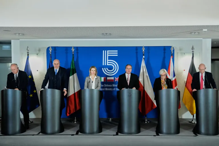 France's Defense Minister Catherine Vautrin, 2nd right, Italy's defence minister Guido Crosetto, 2nd left, Britain's John Healey, right European Union High Representative for Foreign Affairs and Security Policy and European Commission Vice-President Kaja Kallas, third left, and Polish vice defence minister Paweł Zalewski attend a press conference in Berlin, Germany, Friday, Nov. 14, 2025.