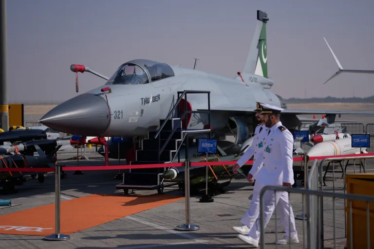 A Pakistani Air Force JF-17 Thunder is on display at the Dubai Air Show.