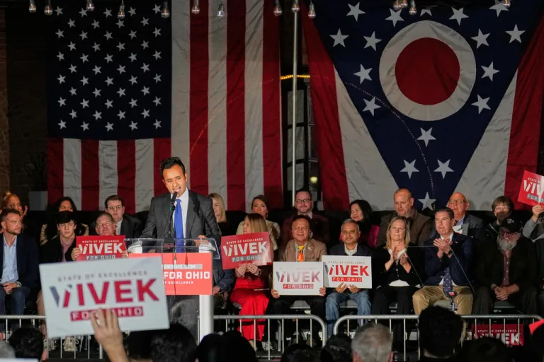 Vivek Ramaswamy speaks at a rally.