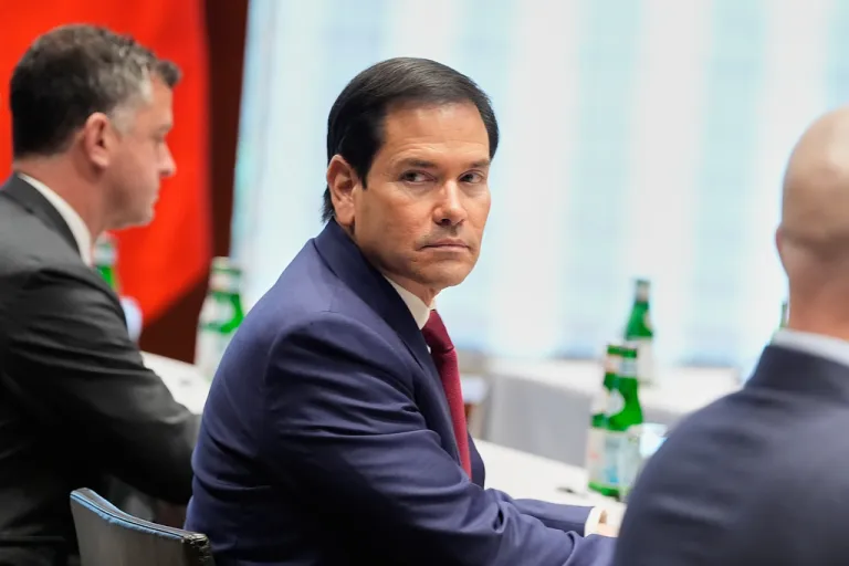 Secretary of State Marco Rubio looks on during a meeting with China's Foreign Minister Wang Yi in Munich, Germany, Friday, Feb. 13, 2026.