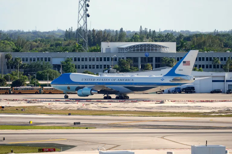 Air Force One with President Donald Trump on board departs from Palm Beach International Airport, April 6, 2025, in West Palm Beach, Fla.