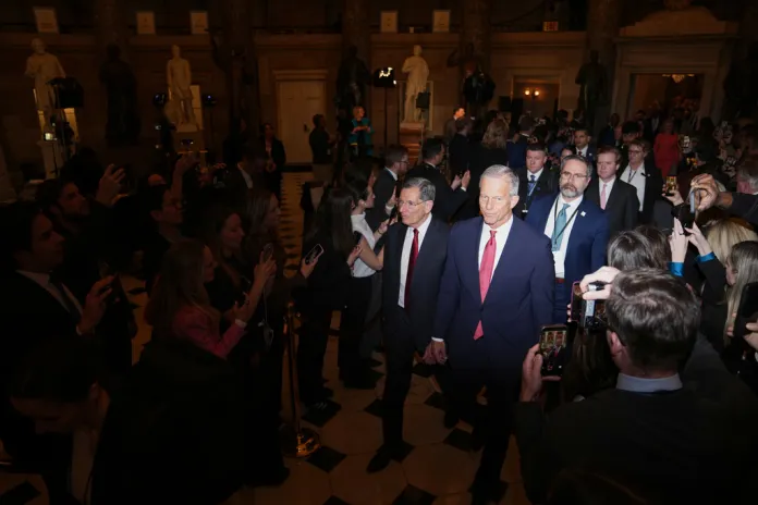 Senate Majority Leader John Thune, R-S.D., arrives before President Donald Trump delivers the State of the Union address to a joint session of Congress in the House chamber at the U.S. Capitol in Washington