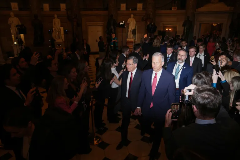 Senate Majority Leader John Thune, R-S.D., arrives before President Donald Trump delivers the State of the Union address to a joint session of Congress in the House chamber at the U.S. Capitol in Washington