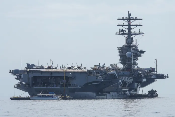 The U.S. Navy aircraft carrier USS Nimitz docks in the Gulf of Panama, Monday, March 30, 2026.