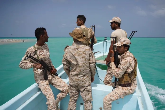 FILE - Yemeni soldiers patrol the strategic Bab el-Mandeb Strait, Yemen, Sunday, April 5, 2026. 