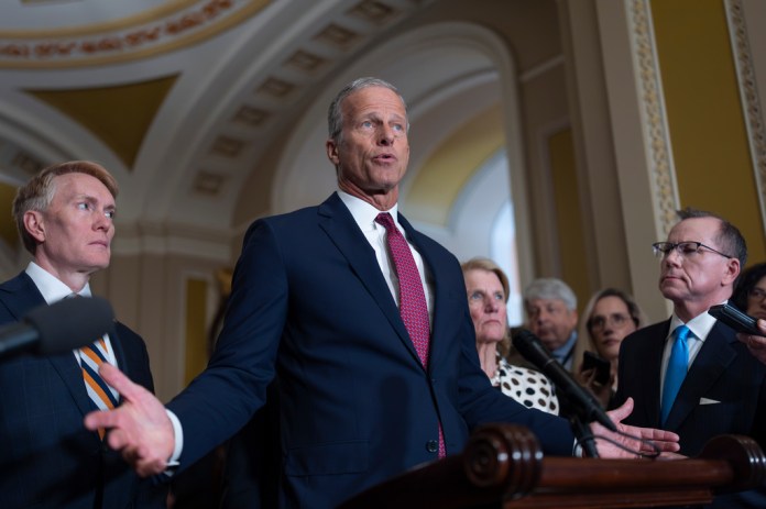 Senate Majority Leader John Thune, R-S.D., speaks to reporters at the Capitol in Washington, Tuesday, April 14, 2026