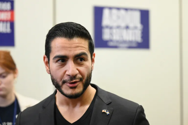 Abdul El-Sayed, a progressive candidate in the Democratic primary for U.S. Senate in Michigan, answers a question during a news conference at the Michigan Democratic Party State Endorsement Convention, Sunday, April 19, 2026, in Detroit. (AP Photo/Jose Juarez)