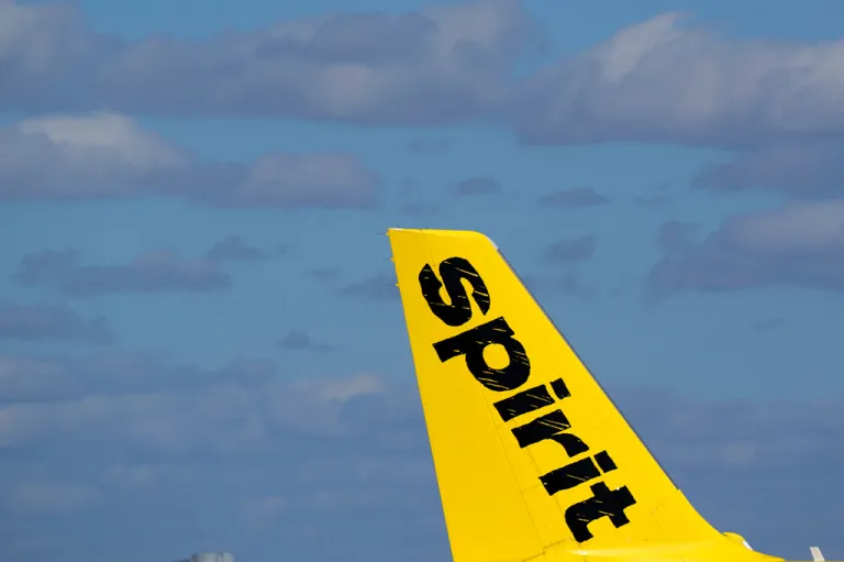 The tail of a Spirit Airlines Airbus A320 is shown as the plane prepares to take off from Fort Lauderdale-Hollywood International Airport, Jan. 19, 2021, in Fort Lauderdale, Fla. (AP Photo/Wilfredo Lee, File)