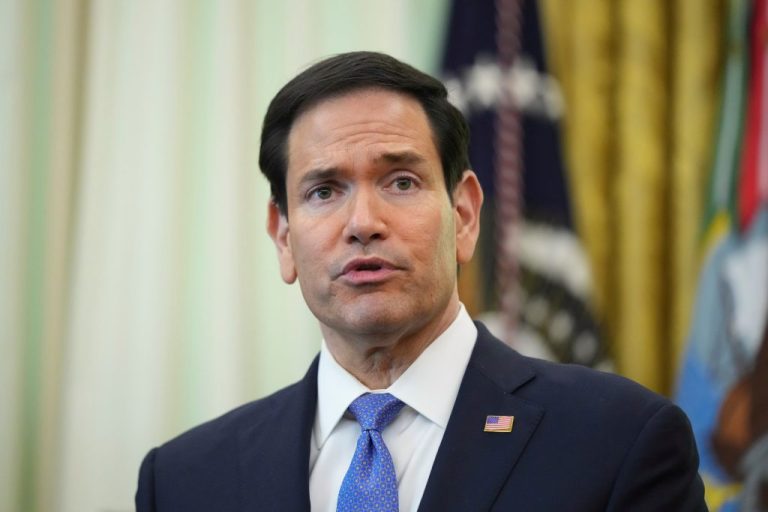 Secretary of State Marco Rubio speaks during a meeting between the ambassadors of Israel and Lebanon