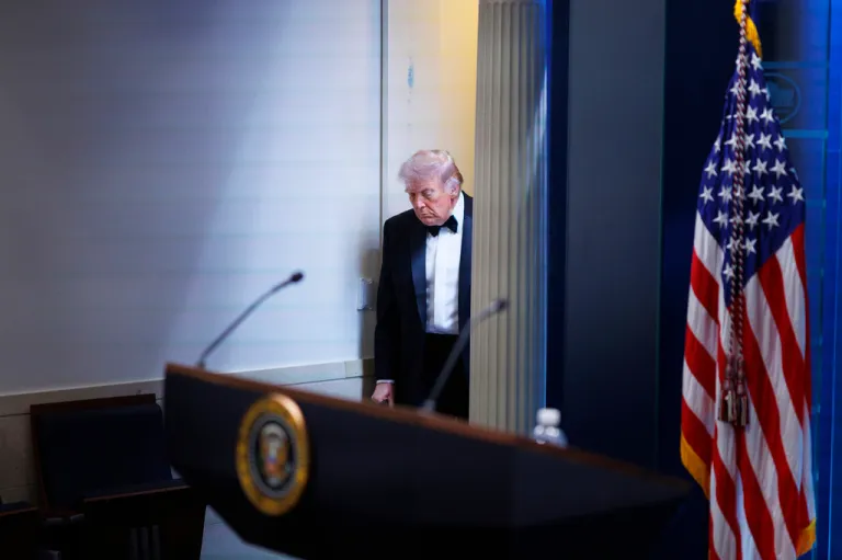 President Donald Trump arrives at the James Brady Press Briefing Room at the White House after a shooting incident outside the ballroom at the annual White House Correspondents' Association Dinner in Washington, Saturday, April 25, 2026