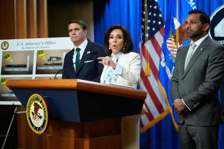 From left, Acting Attorney General Todd Blanche, U.S. Attorney Jeanine Pirro and FBI Director Kash Patel, speak