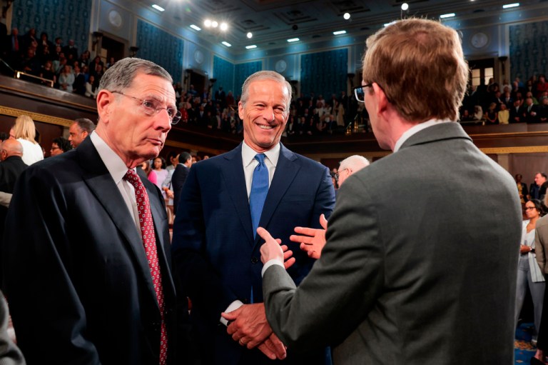 Senate Majority Leader John Thune, R-S.D., and Sen. John Barrasso, R-Wyo., arrive to hear Britain's King Charles III speak to a joint meeting of Congress in the House Chamber at the U.S. Capitol, Tuesday, April 28, 2026
