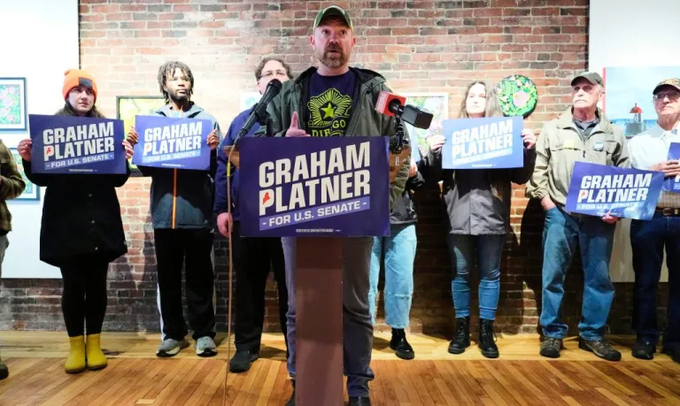 Democratic candidate for Senate Graham Platner speaking at news conference