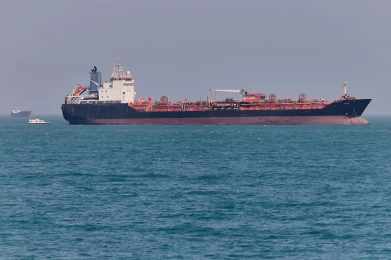 An oil tanker sits at anchor in the Strait of Hormuz off Bandar Abbas, Iran, Saturday, May 2, 2026.