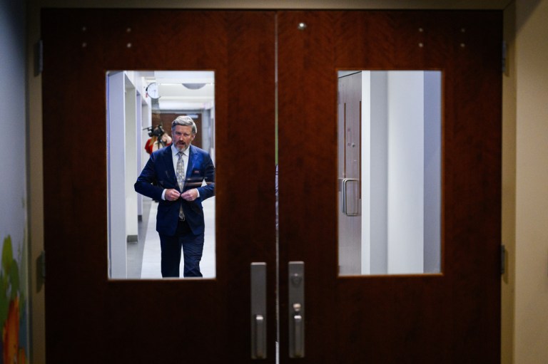 Rep. Thomas Massie, R-KY, exits the studio