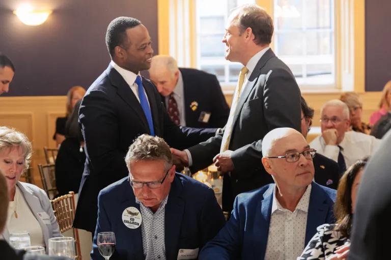 Republican Kentucky candidates for U.S. Senate Daniel Cameron and Andy Barr shake hands during the Kenton County Republican Party Lincoln Day Dinner, Thursday, April 30, 2026, in Covington, Ky