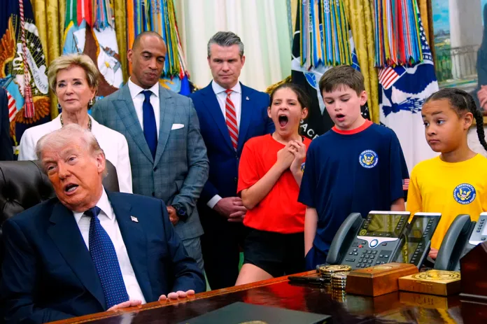 President Donald Trump speaks before signing a proclamation in the Oval Office at the White House, Tuesday, May 5, 2026, in Washington.