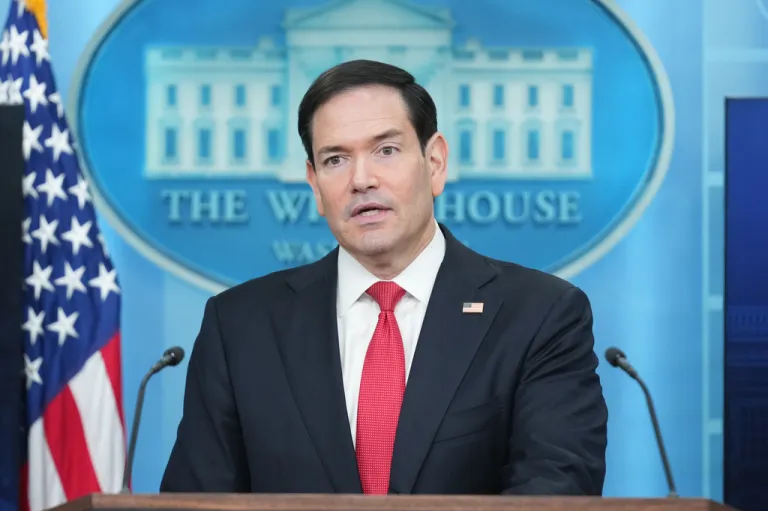 Secretary of State Marco Rubio speaks during a press briefing in the James Brady Press Briefing Room at the White House in Washington, Tuesday, May 5, 2026.