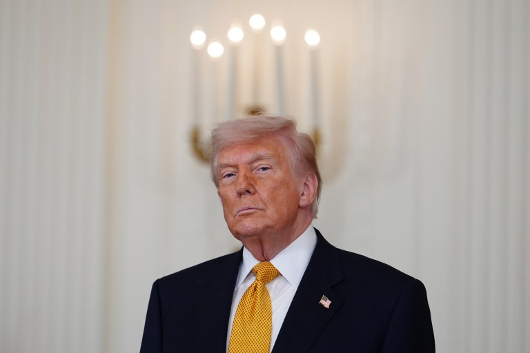 President Donald Trump attends an event for military mothers in the East Room of the White House, May 6, 2026.