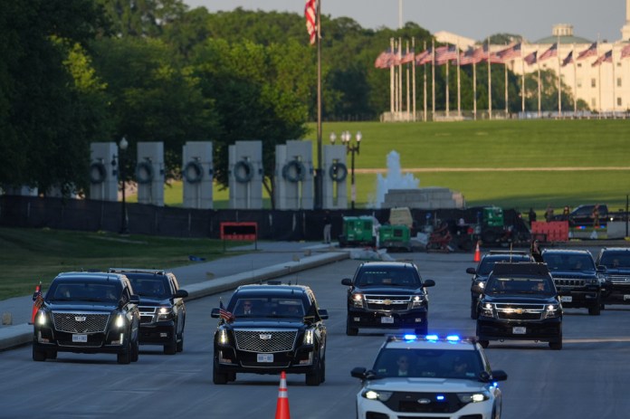 President Donald Trump arrives to visit the Lincoln Memorial Reflecting Pool to see the new blue protective coating being applied as part of a renovation project, Thursday, May 7, 2026, in Washington. (AP Photo/Mark Schiefelbein)
