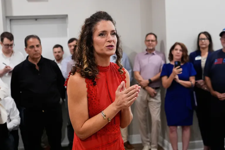 U.S. Senate candidate Julia Letlow greets supporters at a campaign stop at Hammond Northshore Regional Airport in Hammond, La., Wednesday, May 6, 2026. (AP Photo/Gerald Herbert)