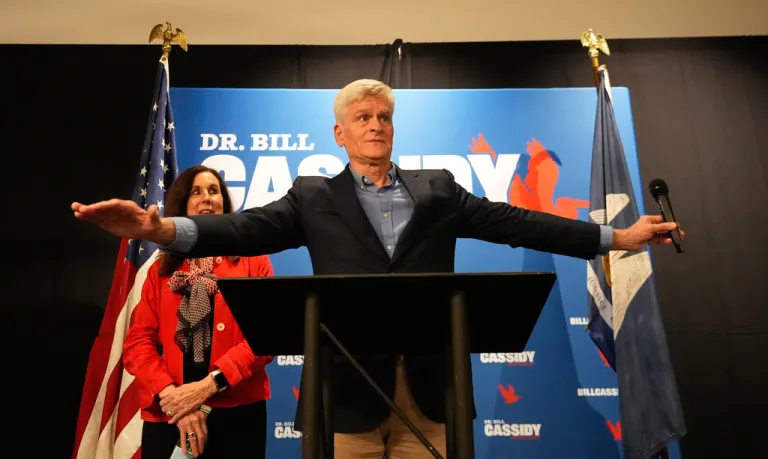 U.S. Sen. Bill Cassidy, R-La., greets supporters with his wife Laura Cassidy at a campaign stop at Drago's Restaurant Tuesday, May 5, 2026, in Metairie, La. (AP Photo/Gerald Herbert)